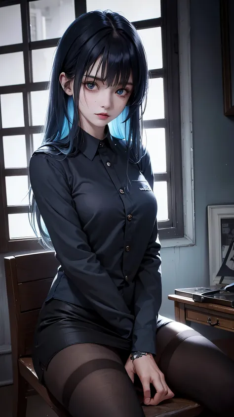 dark and gloomy whole body 8k uniform rendering,female high school student, blue hair, Wearing tattered armor, in a messy hut , action shots, tattered torn shirt, Cracking of porcelain skin, skin pores, Detailed and intricate iris, very dim lighting, heavy...