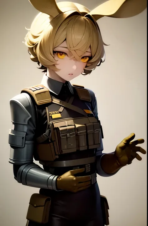  soothing tones, muted colors, high contrast, (natural skin texture, hyperrealism, soft light, sharp), police uniform, tactical vest, jerboa ears, yellow hair, yellow eyes