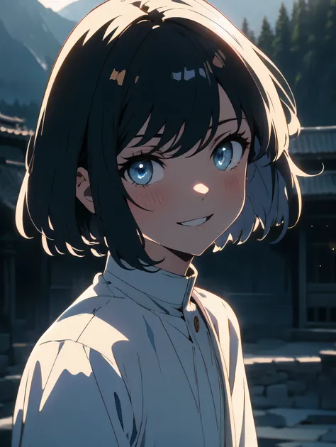 highest quality,masterpiece、Shining eyes、detail、 Upper body, smile, blush, outdoors, Day, simple background, blue null, short hair, null, temple, looking at the viewer, stage, Mountain, moody lighting, Face-to-face audience,anime art