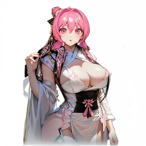 wearing blue dress、Anime girl with pink hair and white dress, Pink ponytail hair and cyan eyes, ((Wearing noble robes)), Cute anime waifu wearing beautiful clothes, eager character, Anime character with pink hair and red chinese hanfu, Popular topics on ar...