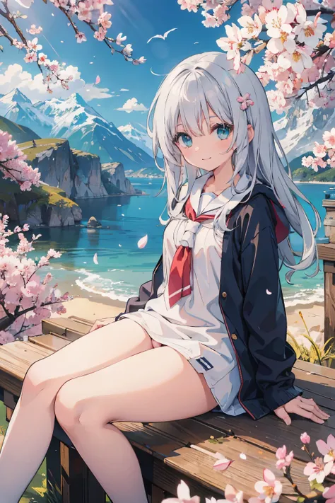 (masterpiece),  scenery,  mountainous horizon,  cherry blossoms,  petal,  particles of light,  Upper body,  1 girl,  crew,  wavy hair,  floating hair,  smile,  sitting,  open your mouth,  particles of light,  silver hair,  aqua eye,  looking at the viewer,...