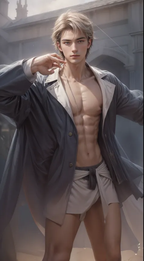 1 homme, (male model) peau chaude, chef-d&#39;artwork, best quality, le plus bel homme du monde, Par Shen Quan, corps parfait, beautiful male model, An attractive 18-24 year old man aesthetically pleasing, blossoms in printemps, champs verts, printemps, pl...