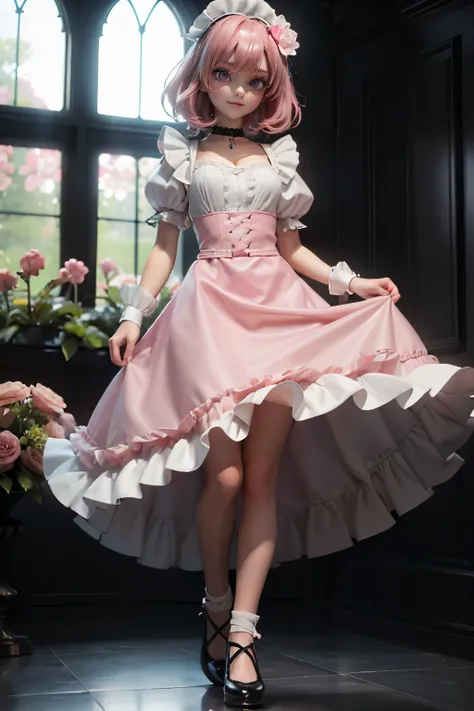 (1 beautiful girl), 20 year old, (glossy pink hair), (wavy bobcut hair;1.12), (1 light pink flower hair ornament:1.18), (vivid purple eyes:1.1), (empty eyes:1.1), light smile, (wearing a black and white maid clothes:1.15), (black choker with white ruffles)...