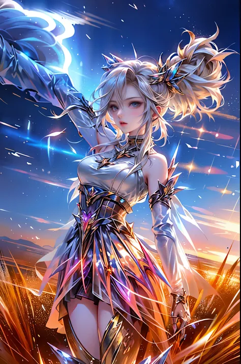 anime girl in a field with lightning in the sky, goddess of lightning, splashes of lightning behind her, with lightning, detailed lighting and thunder, she is attracting lightnings, lightning fantasy magic, japanese lightning goddess, anime lighting, detai...