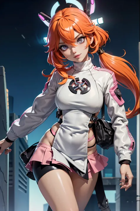 Draw a manga-style character with a physical appearance with this form of the hair Orange with black highlights, tied into glow two ponytails shaped like , Pink color eyes, bright, and expressive and Build Slim and athletic, Attire Upper Body White leather...