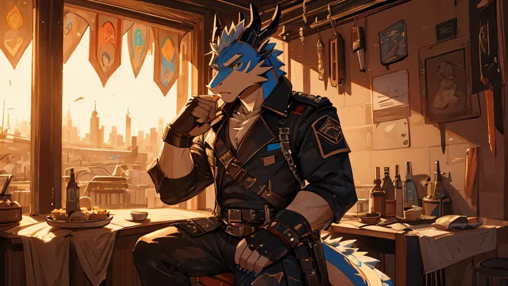 masterpiece, alone, cool pose, Furry light blue dragon, moderate intensity body, golden eyes,  combat black shirt, combat gloves, combat pants, strongly, OK, sitting. afternoon, Sunset, post war future background.