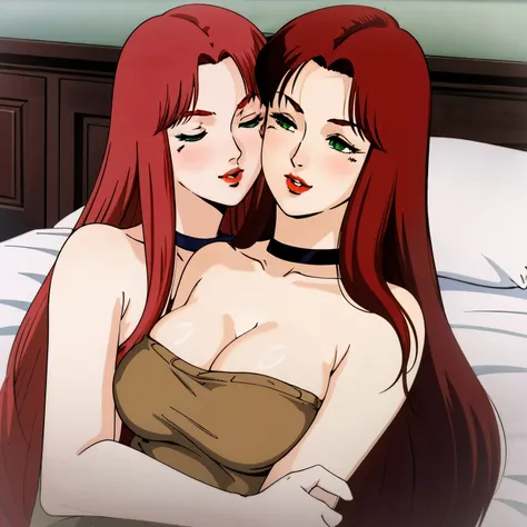 masterpiece,high quality,highres,nsfw, christinamackenzie,2girls, bedroom, thin body, curvy body, belly, vagina, sexy clothes, kiss mouth,pucker kiss,smooch kiss, fondle, horny, eyes closed, (red lips:1.0), choker, face blush, (pale skin:1.2), long hair,pa...