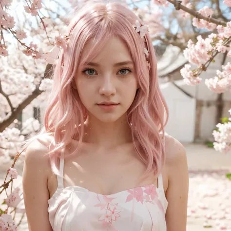 Light pink hair, pink eyes, pink and white, sakura leafs, vivid colors, white dress, paint splash, simple background, ray tracing, wavy hair