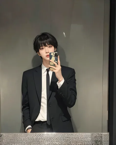 there is a man en un traje taking a selfie in a mirror, kim doyoung, jinyoung shin, cai xukun, pintar ulzzang, he is wearing a suit, jungkook, hyung tae, kim taejin, ulzzang, en un traje, inspirado en jeonseok lee, yoongi de pelo negro, vistiendo un traje ...