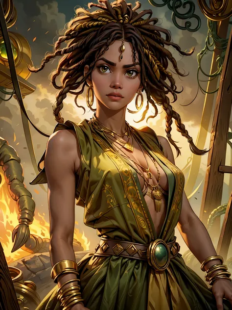 (Zendaya:Halle Berry) dressed like a nigerian chaman, red green and yellow sleeveless tunic, (high top fade haircut and dreads) tribal tattoo in the face, (golden rings necklace), Lovecraft atmosphere, masterpiece, hyperdetailed