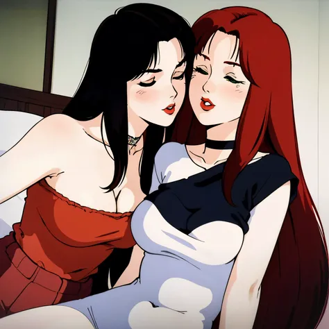 masterpiece,high quality,highres,nsfw, christinamackenzie,2girls, bedroom, thin body, curvy body, belly, waist, sexy clothes, sexy underwear, kiss mouth,pucker kiss,smooch kiss, fondle, horny, eyes closed, (red lips:1.0), choker, face blush, (pale skin:1.2...