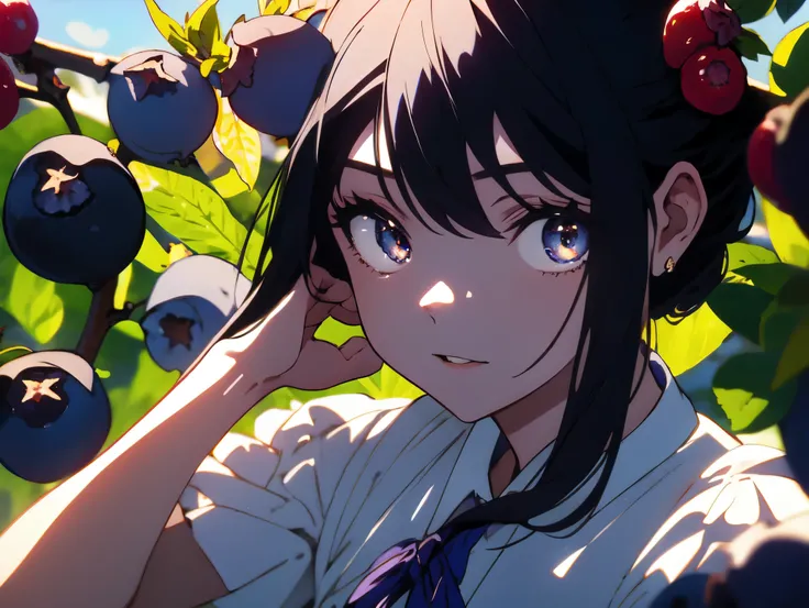 highest quality、masterpiece、Shining eyes、detail、1 girl, ((blueberry,fruit)),orchard background, black hair,anime