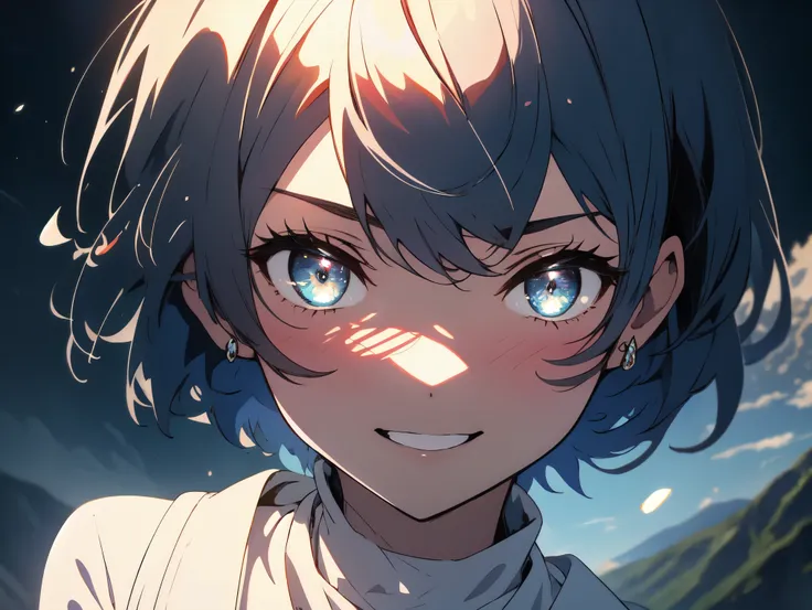 highest quality,masterpiece、Shining eyes、detail、 Upper body, smile, blush, outdoors, Day, simple background, blue null, short hair, null, temple, looking at the viewer, stage, Mountain, moody lighting, Face-to-face audience,anime art