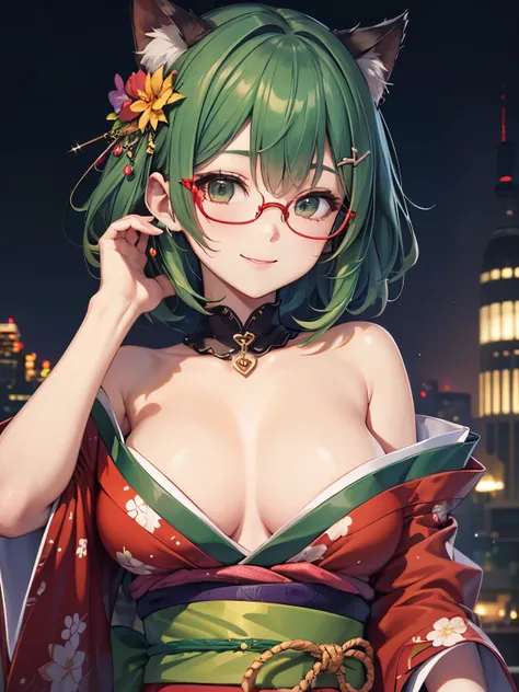 highest quality,wonderful,masterpiece,delicate,ultra high resolution,Super detailed,intricate details,beautiful,8K resolution,(Highly detailed CG Unity 8k wallpaper),sharp focus、1 female、Dark green hair、medium hair、vivid hair、Shaggy hair、Cat ear、big breast...