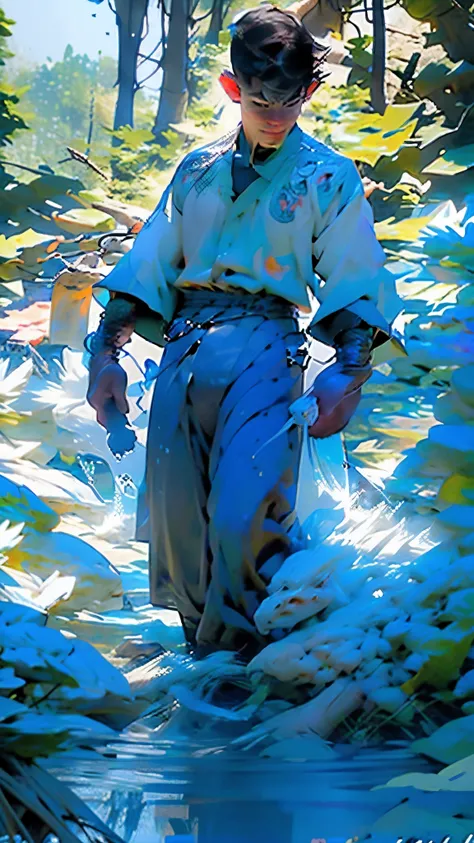 "Immerse yourself in the wonder of nature with this stunning image featuring a 15-year-old boy, dressed in a light blue shirt and black pants, gazing in awe at a river flowing from the heavens. The fast-flowing water disappears into the unknown beneath bil...