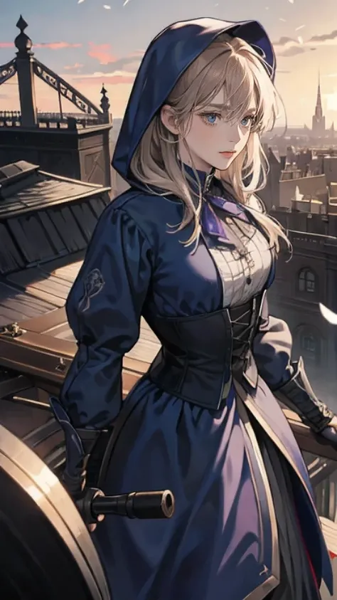 Violet evergarden, wearing an assassins hood, on roof top in England, Victorian era, dark blue attire, metal prosthetics arm, assassin gauntlet