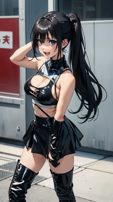 1 female,black hair,25 years old,(((blue shiny micro tight skirt)))((white tank top))(((blush、open mouth smile)),(((straight hair))),(((portrait))),crowd,,(wet with sweat)(sexy black bra and see-through tank top)(leather thigh high boots)(((big breasts)))(...