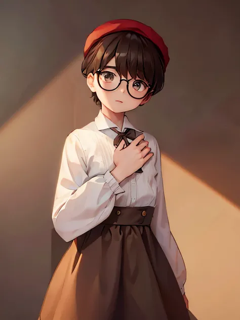 Round glasses, dark brown hair, short hair, thick eyebrows, beret