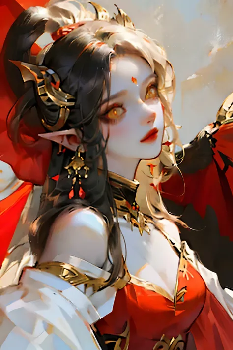 masterpiece, high resolution, best quality, Very detailed, wallpaper, ish, brush stroke, pointed ears, yellow eyes, slit pupil, beautiful female breasts, red dress