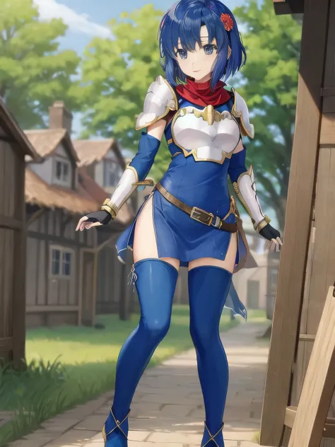 Katria_nm, cute, blue hair, short hair, blue eyes, cute, thin waist, small, Tight, medium breasts, bare shoulders, red neckerchief, blue elbow gloves, blue fingerless gloves, shoulder armor, belt, breastplate, white headband, short dress, dress slit, blue ...