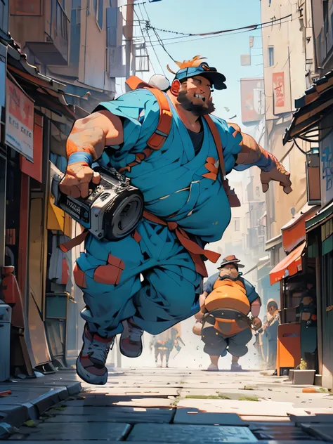 Fat Sumo fighter, 8k, alta qualidade, multiple colors, hip hop clothed, carrying a large boombox, turntables, speakers, vinyl records, epic, Rome streets background