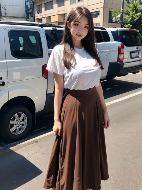 japanese woman、brown hair、beautiful girl、big breasts、1 female、y shirt、long skirt、In town