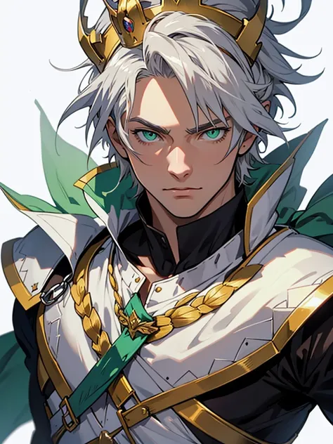 medieval anime art, masterpiece, best quality, by professional artist, male, solo, upper body portrait, detailed composition, detailed eyes, (((white background))), short spiky gray hair, light green eyes, crown, wearing white fantasy armor