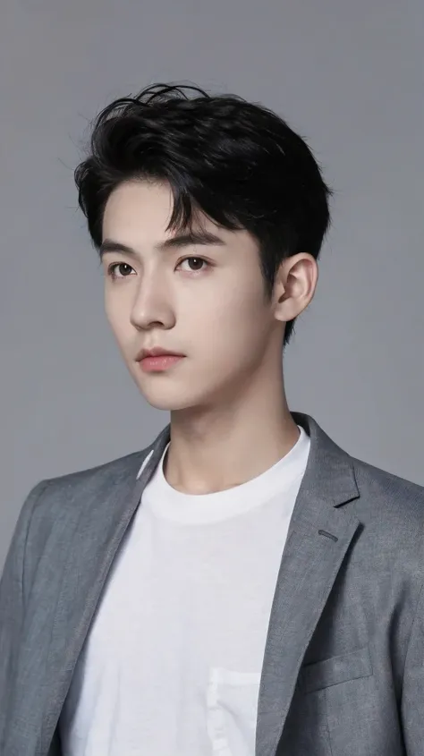 Atmospheric Boy,In one pocket is a school bag, gray clothes, realistic textured skin, looking at camera busts, photos, realistic photos of black hair, high-quality picture effects