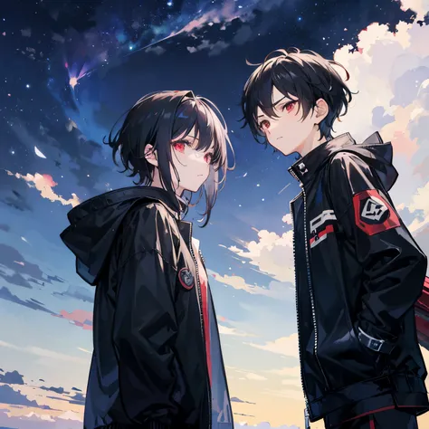 a teenage boy, short black hair and red eyes. his hair was messy in the wind. staring blankly, wearing a black jacket. night sky.