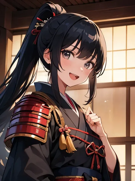 1girl, five fingers, looking at viewer, ponytail, ((best quality)), ((ultra-detailed)), samurai, Japanese clothes armor, dynamic angle, smile, black hair, long hair, stylish pose, open mouth, japanese Castle,