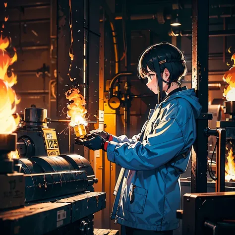 A welder holding a welding torch and covering the welding surface of an LCD is welding in a factory.