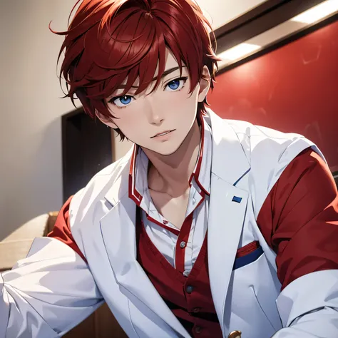 (masterpiece) 8K resolution, Sento Miya 18 years old, Refreshing young man, redhead, short hair, blue eyes, white suit, red shirt, anime style