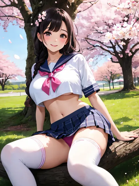 highest quality、High resolution、detailed background、beautiful and detailed face、beautiful and smooth skin、skin texture、professional lighting、Beautiful teenage girl、(huge breasts:1.1)、Cute colored sailor suit、sailor color、plaid pleated mini skirt、Cute Braid...