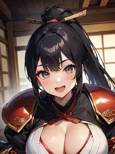 1girl, five fingers, looking at viewer, ponytail, ((best quality)), ((ultra-detailed)), samurai, Japanese clothes armor, dynamic angle, smile, black hair, long hair, stylish pose, open mouth, japanese Castle, large breasts, cleavage,