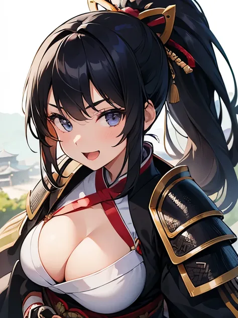 1girl, five fingers, looking at viewer, ponytail, ((best quality)), ((ultra-detailed)), samurai, Japanese clothes armor, dynamic angle, smile, black hair, long hair, stylish pose, open mouth, japanese Castle, large breasts, cleavage, upper body, front view...