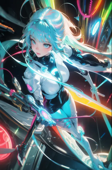 Cyberpunk Neon Glowing Lines Mechanical Legs Prosthetics Technology Technology Shoes Jellyfish Girl Rich Colors Jellyfish Costumes Tentacles Glowing Under the Sea ((best quality)), ((masterpiece)), (detailed), perfect face