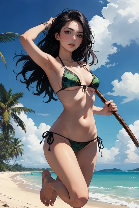 ((Mejor calidad)), ((Obra maestra)), (detallado), cara perfecta, mayan young woman, jaguar tellow bikini, jumping, holding stone weapon, black long hair, green eyes, beach
