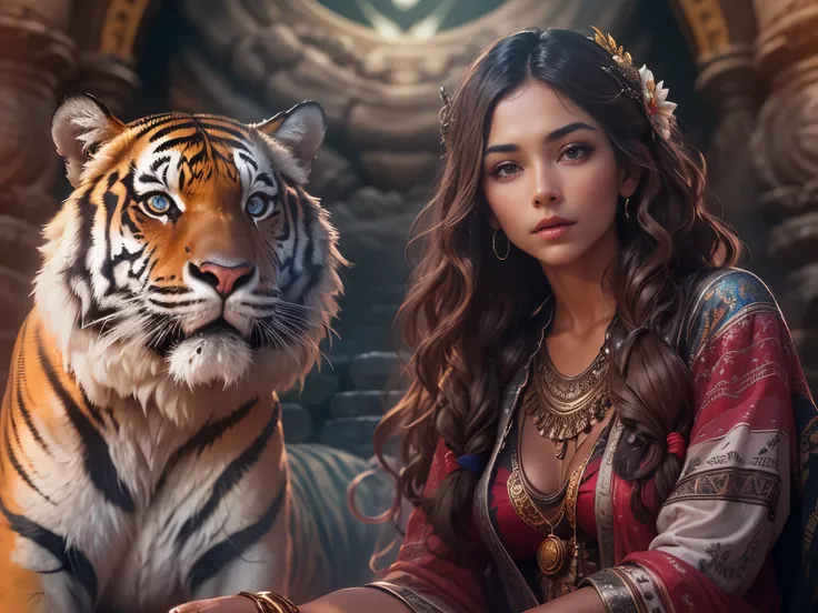 photorealistic, high resolution, close-up, 1 beautiful woman, long wavy hair, wearing tribal apparel, sitting on the stone throne, 1 tiger laying down at her feet, soft volumetric light, (backlit:1.3), (motion picture:1.2), intricate detailed, dramatic, ch...