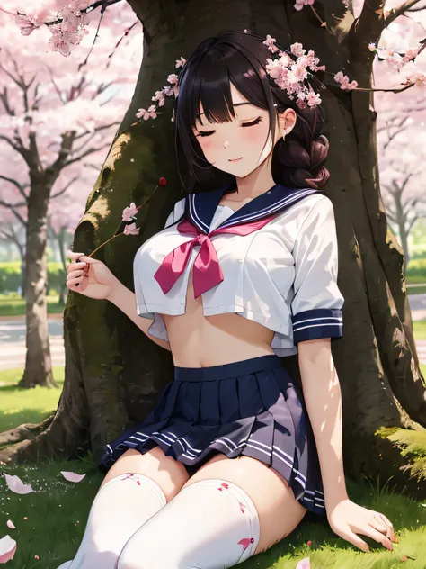 highest quality、High resolution、detailed background、beautiful and detailed face、beautiful and smooth skin、skin texture、professional lighting、Beautiful teenage girl、(huge breasts:1.1)、cute sailor suit、white sailor collar、plaid pleated mini skirt、Cute Braid ...