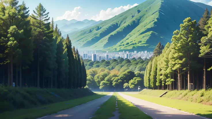 landscape, [forest : city: 10], seen from the front、A photo taken from a person&#39;s perspective、There are no people in the background、blue sky、realistic、