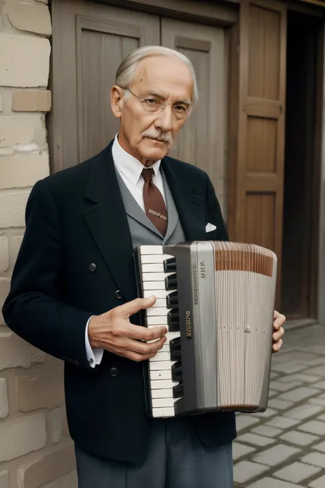 Molching, Germany, 1939. ((((47-year-old)) Hans Hubermann)), very tall, silver eyes, quiet, gentle, playing the accordion. ((((casual poor clothings from the 1930)))), ((hairstyle of the 1930s))