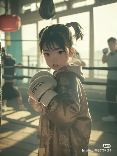 there is a young girl wearing a robe and boxing gloves, Leica 8K stills from A24 negatives, in fighting stance, in a boxing ring, Lovely but firm, Live action movie stills, boxing stance, Work. author：Leng Jun, boxing, Get into fighting stance, she is read...