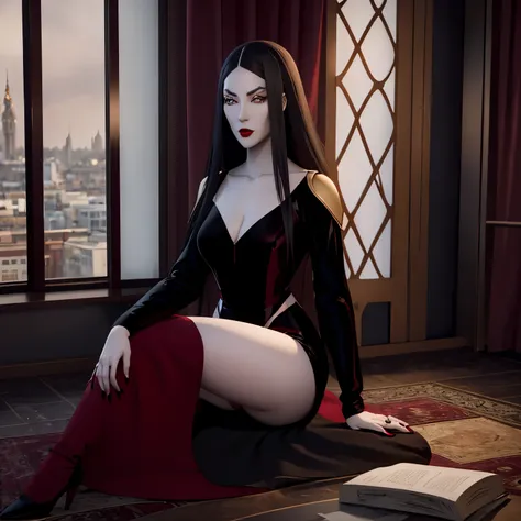 Pale vampire woman in her 20s, sitting in a window looking a red Mon, long black hair, pale skin, full body, thick thighs, medium breasts, large buttocks, detailed and defined eyes with eyeliner, black exotic dress, thic, 3d, in a vintage but modern style