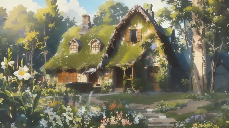 painting of a house with a green roof and garden, Studio Ghibli smooth concept art, Studio Ghibli environment, Studio Ghibli concept art, ghibli studio art, Hayao Miyazaki&#39;Style, Studio Ghibli scheme, style of Studio Ghibli, by Miyazaki, ghibli studio ...