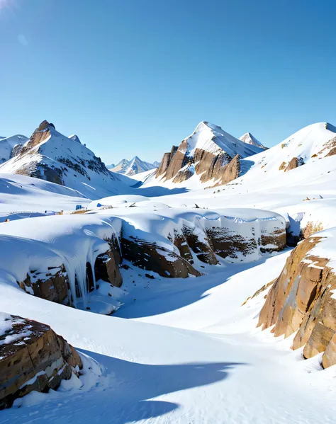 Snow-covered mountain peaks under a clear blue sky, the sun reflecting off the pristine white snow, creating a dazzling and serene winter landscape. The detailed texture of the snow and ice on the mountain surfaces, showcasing the natural beauty and harshn...