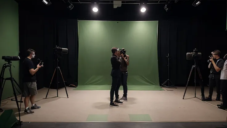 Several people filming in front of green screen