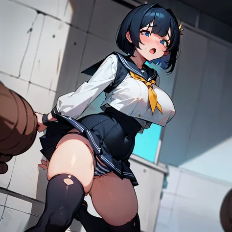 one cute woman、black short bob、Torn sailor suit、mini skirt、big breasts、plump thighs、blue and white stripes々low rise panties、black knee high socks、Ahegao、acme face、rape目、gang rape、rape、rape、hardcore sex、anal sex、double hole insertion、Creampie、