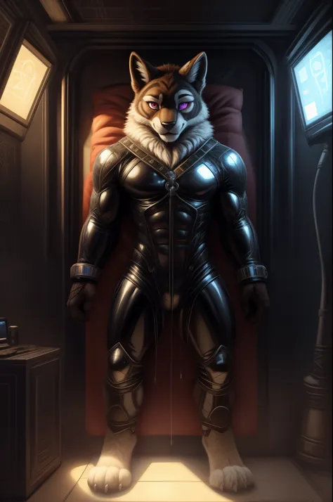 (((furry character, full body, furry male.)))

beefy black panther in ((white rubber suit)), barefoot, hypnotised by hypno visor...