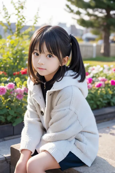 8k,Japanese,10 years old,innocent face,teenage girl,cute,Winter clothes,everyday wear,sitting,black hair,flower garden,hair clip,