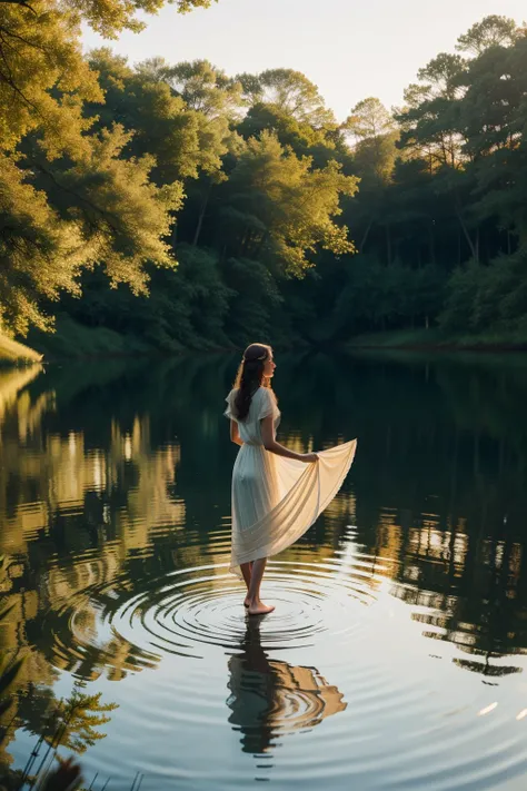 In the tranquil embrace of nature, a young woman named Amelia stands at the waters edge of a crystalline lake, her reflection shimmering back at her in the serene surface. The gentle breeze sweeps through her long, chestnut waves, tickling her ears and car...